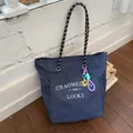 Dark blue checkered tote bag with woven rope handles and star charm for women - With Pendant / Blue