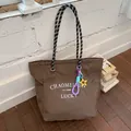 Brown checkered canvas tote bag with black and white rope handles and star charm - With Pendant / Brown