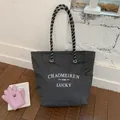 Large black and white checkered canvas tote bag with rope handles and CMR embroidery - No Pendant / Black