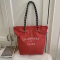Red checkered canvas tote bag with contrast rope handles and white lettering print - No Pendant / Red