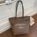 Brown plaid canvas tote bag with braided rope handles for stylish daily commuting - No Pendant / Brown