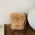 Sac seau élégant en fausse fourrure léopard avec cordon et bandoulière tressée - Sans pendentif / Marron