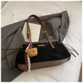 Retro black and brown tote bag with suede texture and cute teddy bear pendant - With Pendant / Black