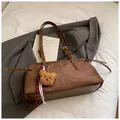 Brown suede patchwork tote bag with cute bear pendant and striped ribbon detail - With Pendant / Brown