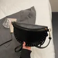 Classic black half-moon bag with gold studs and adjustable leather shoulder strap - Black