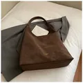 Retro large capacity dark brown suede tote bag for women with golden fashion logo - Brown