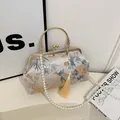 Vintage cheongsam handbag in beige brocade with bird embroidery and pearl strap - Gold