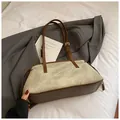 Retro vintage tote bag in beige canvas and dark brown leather trim for women - No Pendant / Off White