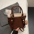 Brown faux leather shoulder bag with plush fleece trim and teddy bear charm - Coffee With Charms