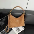 Brown suede minimalist shoulder bag with smooth leather trim and adjustable strap - Brown No Pendant