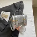 Chic silver marble pattern mini box bag with golden buckles and top handle design - Silver