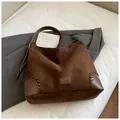 Retro dark brown suede and leopard patchwork shoulder bag with leather stitched details - Brown