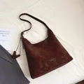 Dark brown suede hobo tote bag with adjustable strap and silver logo for commuting - No Pendant / Coffee