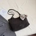 Retro black leather tote bag with FASHION & BAGS print and grey plush bunny charm - With Pendant / Gray