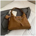 Brown vintage large capacity leather tote bag with teddy bear pendant and red scarf - With Charm / Brown