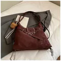 Retro deep red large capacity tote bag with bear charm and silver chain accents - With Charm / Burgundy