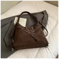 Dark brown suede tote bag with decorative cross straps and silver metal chain detail - No Pendant / Brown
