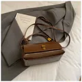 Brown glossy rectangle underarm bag with gold lock buckle and knotted shoulder strap - No Pendant / Brown
