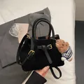 Retro black nubuck bucket bag with leather strap and cute plush bear charm accessory - With Bear Pendant / Black