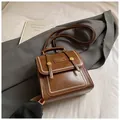 Retro brown PU leather mini backpack with white stitching and golden buckles - Brown No Pendant