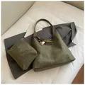 Olive green suede minimalist tote bag and matching pouch set with coffee tag detail - With Pendant / Green