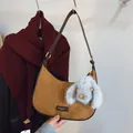 Brown suede crossbody bag with blue plush bunny pendant and adjustable leather strap - With Pendant / Brown