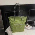 Green plaid canvas tote bag with Sunshine print and striped rope handles for women - Green Large