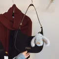 Dark brown suede hobo bag with vintage metal plate and cute plush bunny pendant - With Pendant / Black