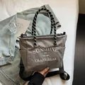 Gray checkered canvas tote bag with Sunshine Crazy Bear embroidery and rope handles - Grey Small