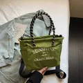 Green and white checkered canvas tote bag with embroidered text and rope handles - Green Small