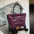 Casual purple checkered canvas tote bag with sunshine embroidery and woven handles - Lilac Small