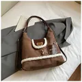 Brown faux suede tote bag with white plush trim and cute bear applique detail - Brown