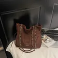 Minimalist deep brown suede tote bag with stylish gold chain strap and large capacity - No Pendant / Brown