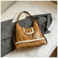 Brown suede shoulder bag with plush fleece trim, cute bear patch and plaid ribbon bows - Brown