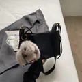 Black leather shoulder bag with crocodile texture and cute plush rabbit keychain - With Charm Style / Black with Pendant