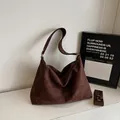 Large dark brown suede tote bag with matching pouch in a minimalist urban style - No Pendant / Brown