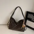 Retro dark brown large capacity tote bag with white contrast stitching and a bear pendant - With Pendant / Brown