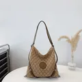 Vintage brown quilted tote bag with M logo patch and long leather shoulder straps - Khaki