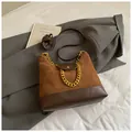 Retro brown suede patchwork shoulder bag with quilted stitching and gold chain - Brown No Pendant