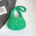 Bright green quilted puffy shoulder bag with ruched texture and wide strap design - Green
