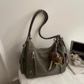 Dark olive green faux leather hobo bag with gold hardware and bear star charm pendant - Green with Charm