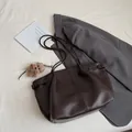 Dark brown minimalist leather tote bag with a cute plush bear charm on long straps - With Pendant / Brown