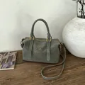 Retro grey-green leather Boston bag with gold logo and detachable shoulder strap - No Pendant / Green