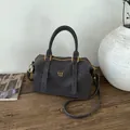 Minimalist charcoal grey Boston bag with lychee texture leather and gold hardware - No Pendant / Brown