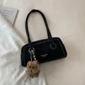 Retro black leather underarm bag with white stitching and a cute brown bear charm - With Ornament / Black