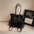 Black quilted glossy leather large tote bag with silver chain and drawstring detail - Black