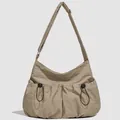 Bolso bandolera de nailon caqui con dos bolsillos de cordón y correa ajustable para hombro - Caqui