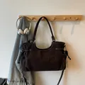 Large dark brown faux suede tote bag with contrast stitching and drawstring sides - No Pendant / Coffee