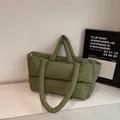 Olive green quilted puffer tote bag with large capacity and double shoulder straps - Green