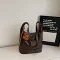 Dark brown faux leather tote bag with contrast stitching and bear charm accessory - With Ornament / Coffee